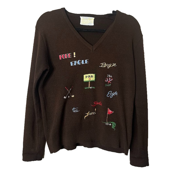 Vintage Andreno Argenti Golf Sweater Embroidered V Neck Brown Womens Size Large - Picture 1 of 8